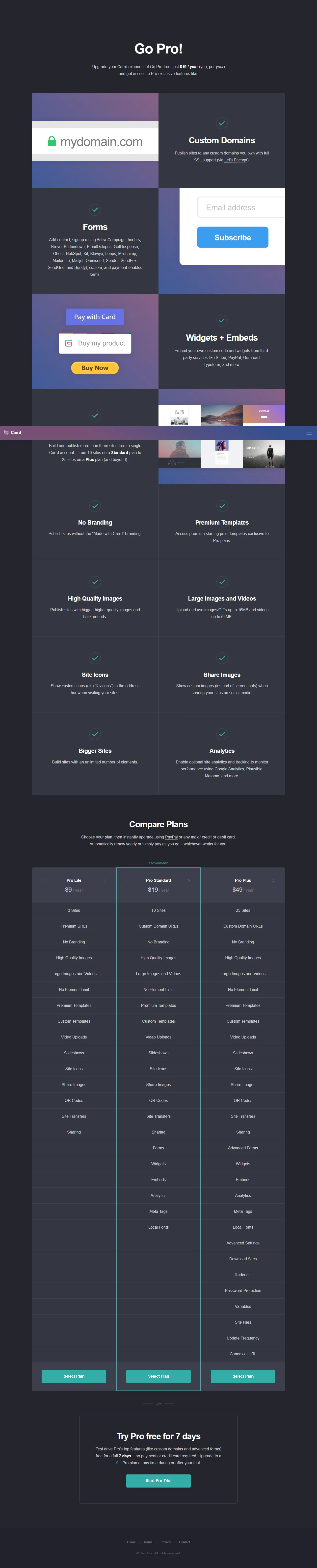 Screenshot of the Carrd Go Pro pricing page showing Pro Lite, Pro Standard, and Pro Plus plan tiers with prices