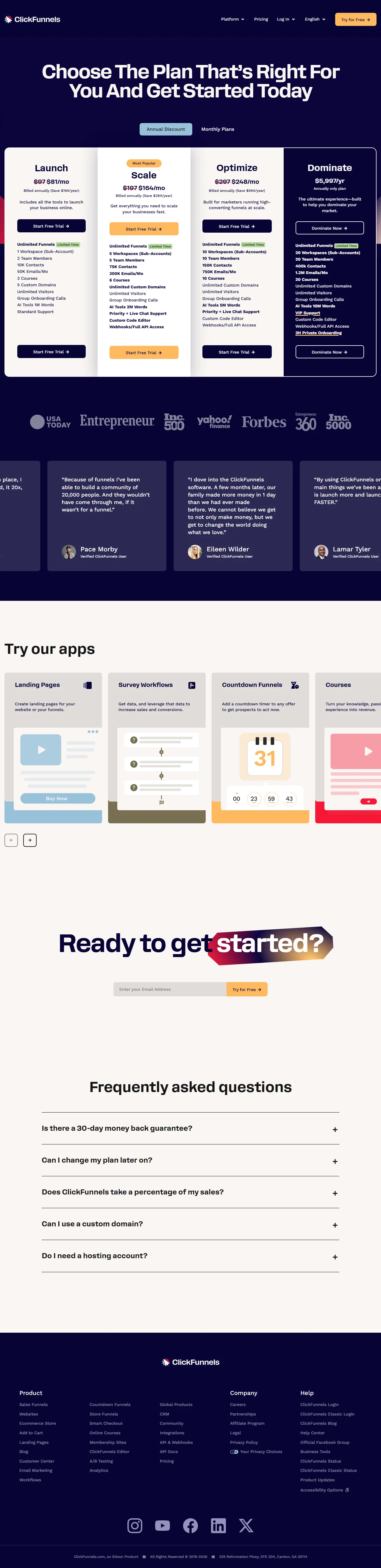 Screenshot of the ClickFunnels pricing page showing Launch, Scale, Optimize, and Dominate plan tiers with prices